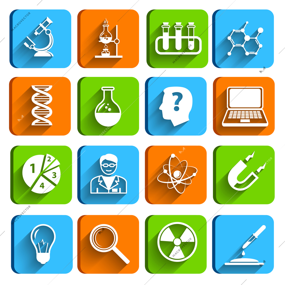 Science laboratory physics chemistry medical technology pharmacy flat icons set vector illustration