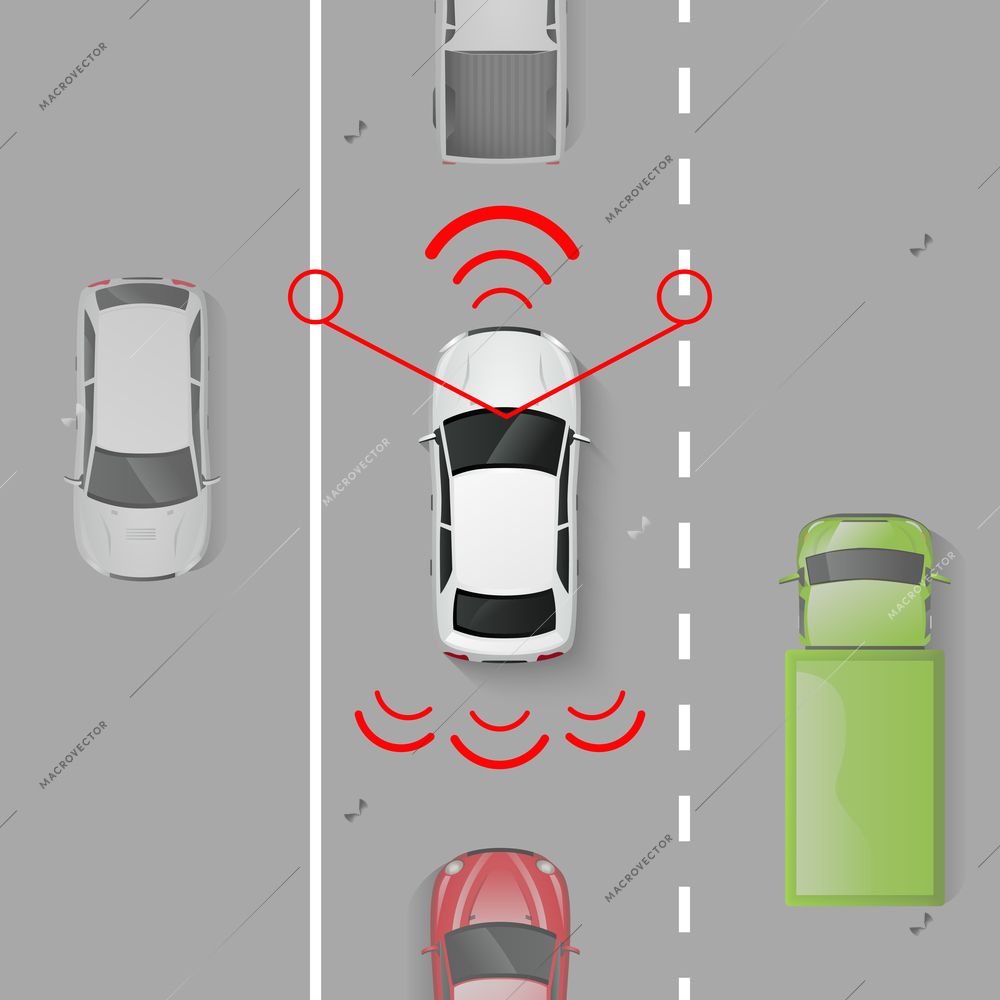 Car safety system with top view auto in motion on the road vector illustration