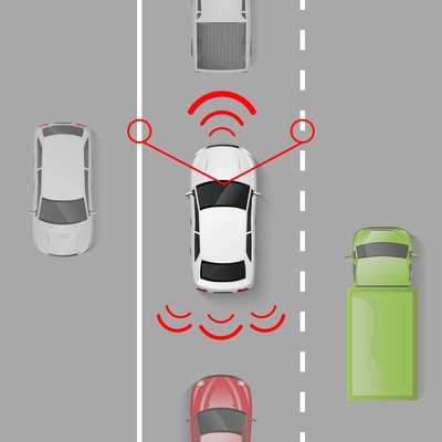 Car safety system with top view auto in motion on the road vector illustration