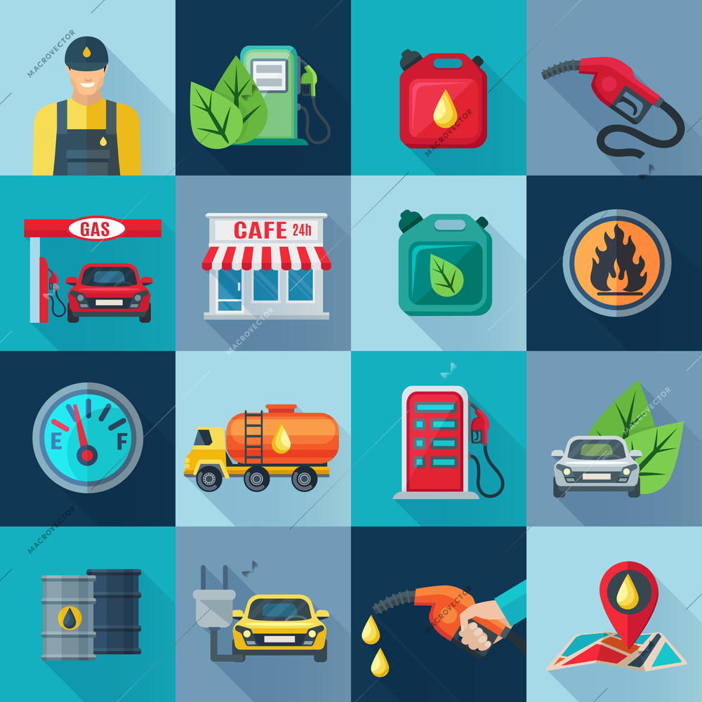 Gas station square icons set with fuel and and oil industries symbols shadow flat isolated vector illustration