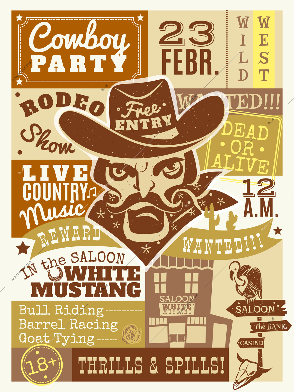 Cowboy poster with saloon and wanted dead or alive symbols flat vector illustration