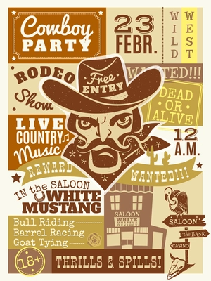 Cowboy poster with saloon and wanted dead or alive symbols flat vector illustration