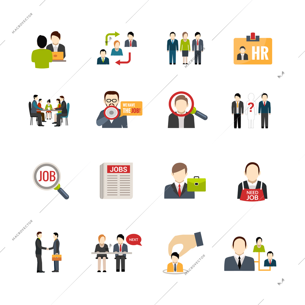 Recruitment icons set with people searching jobs isolated vector illustration