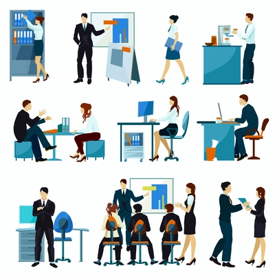 Office workers flat set with workflow presentation discuss teamwork isolated vector illustration.