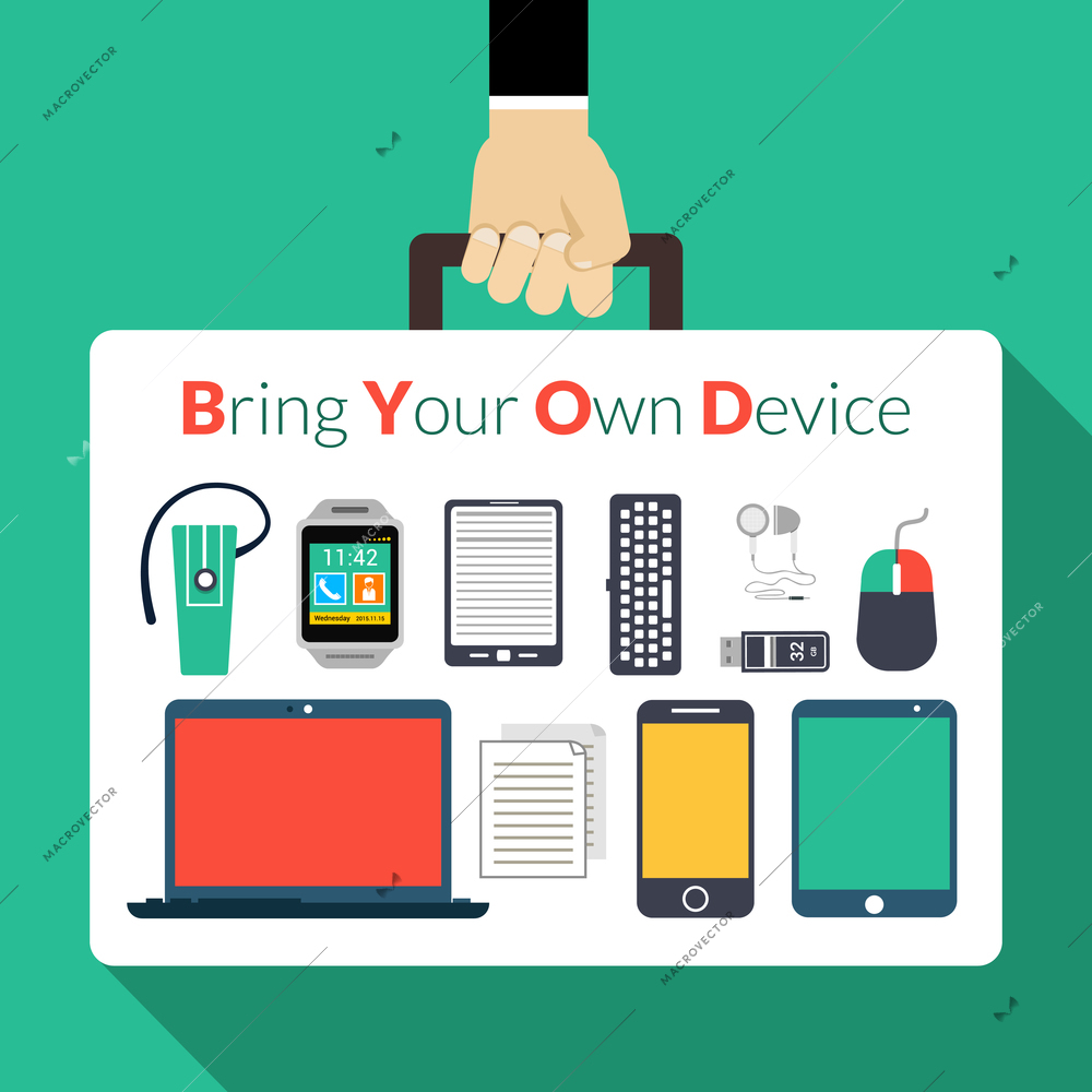 Byod concept with human hand holding briefcase with electronic gadgets vector illustration