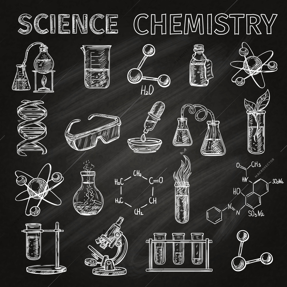 Science and chemistry sketch chalkboard icons set with elements combinations isolated vector illustration