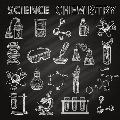 Science and chemistry sketch chalkboard icons set with elements combinations isolated vector illustration