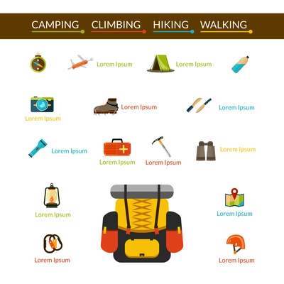 Camping climbing and hiking flat icons set isolated vector illustration