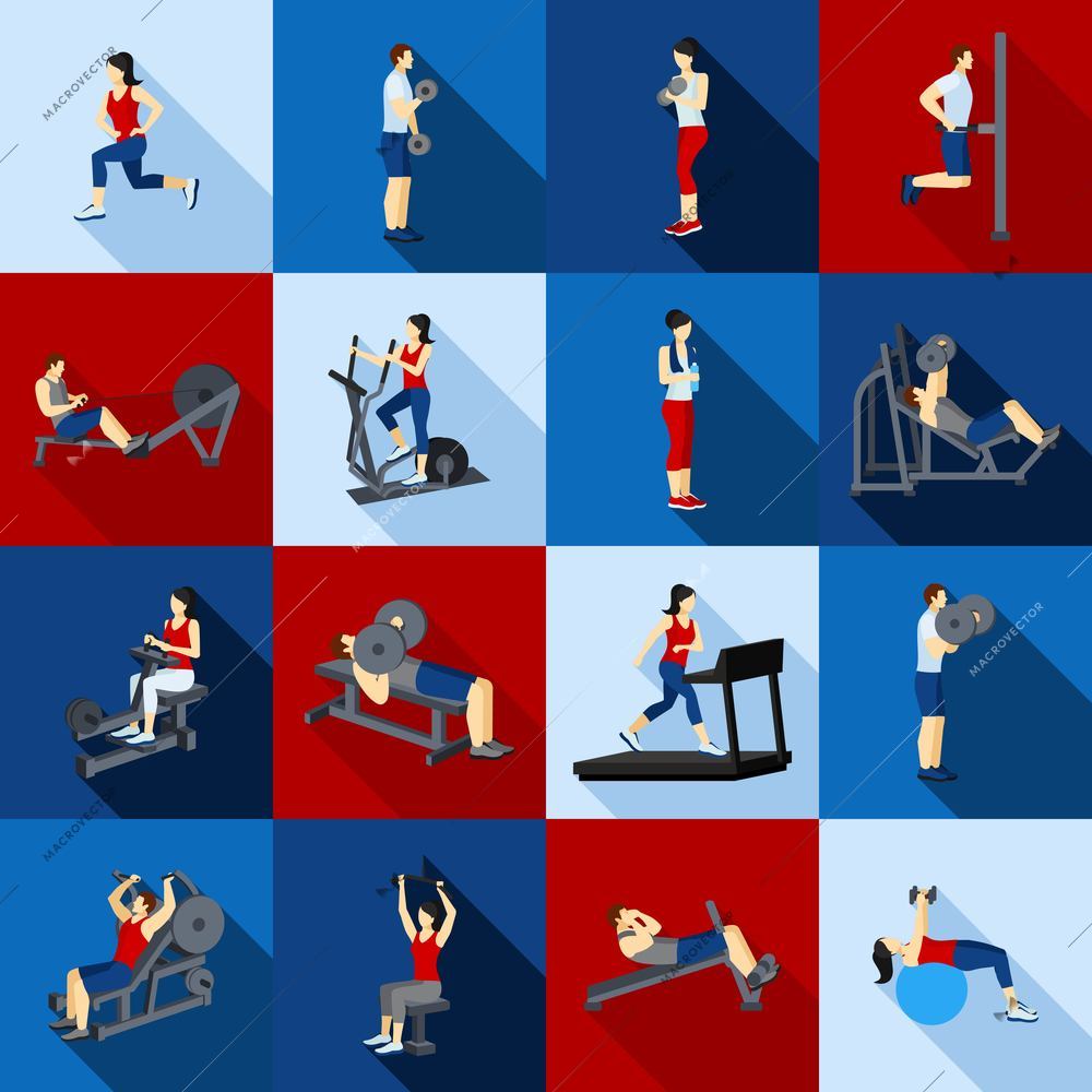 People fitness workout in gym flat long shadow icons set isolated vector illustration