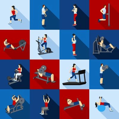 People fitness workout in gym flat long shadow icons set isolated vector illustration