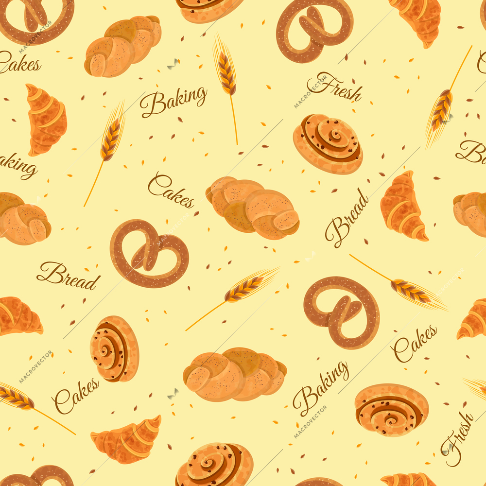 Bakery seamless wrap paper pattern with fresh cakes croissant whole wheat loaf and pretzel abstract vector illustration