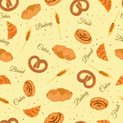 Bakery seamless wrap paper pattern with fresh cakes croissant whole wheat loaf and pretzel abstract vector illustration