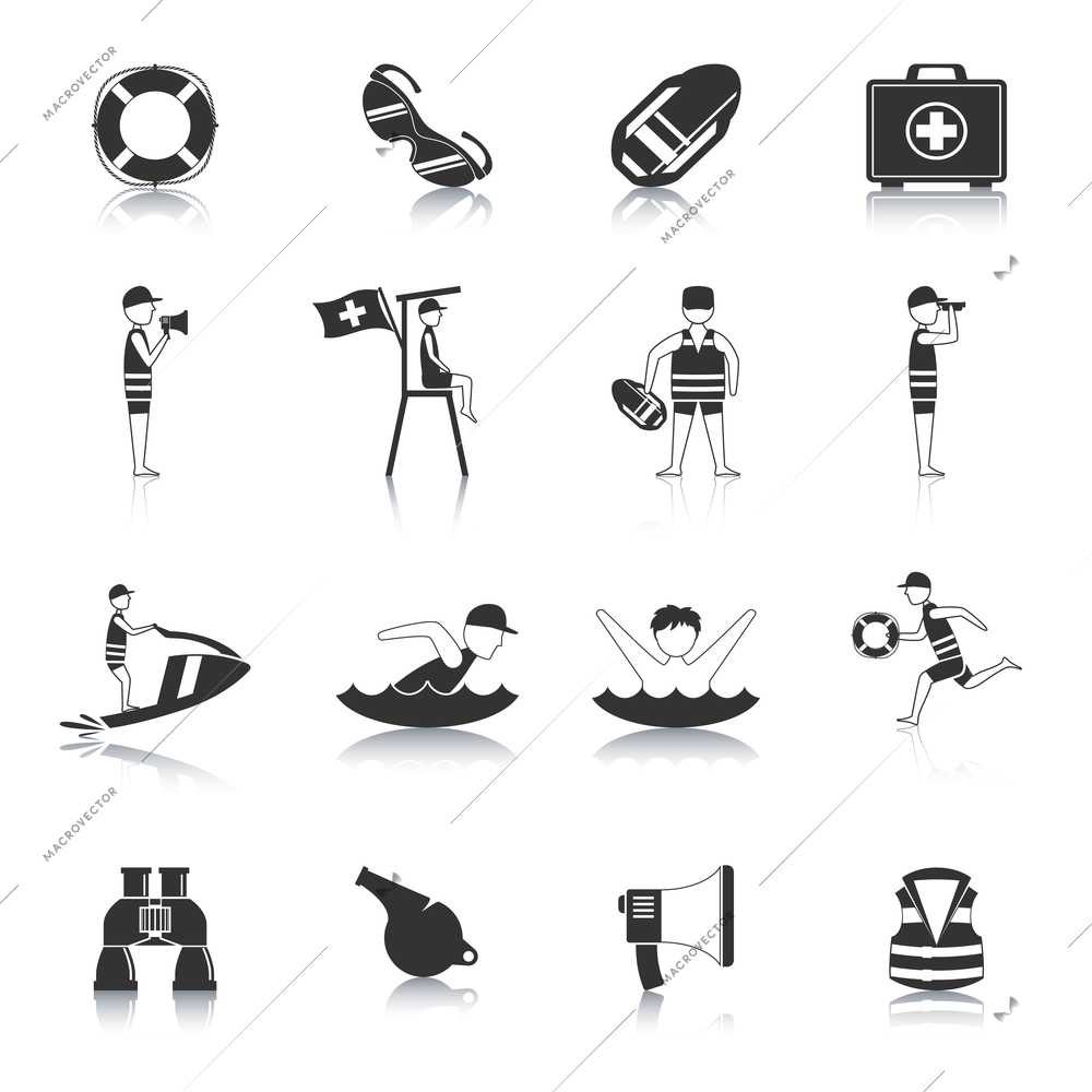 Lifeguard water rescue and safety accessories for swimmers and surfers black icons set abstract isolated vector illustration