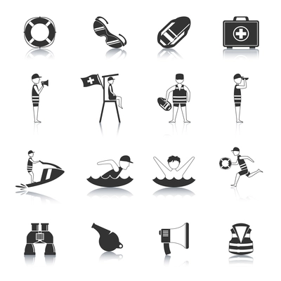 Lifeguard water rescue and safety accessories for swimmers and surfers black icons set abstract isolated vector illustration