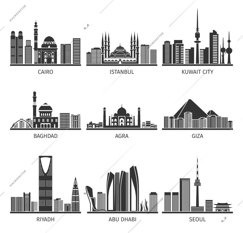 Eastern capitals famous cityscapes with modern buildings and historical landmarks black icons set abstract isolated vector illustration