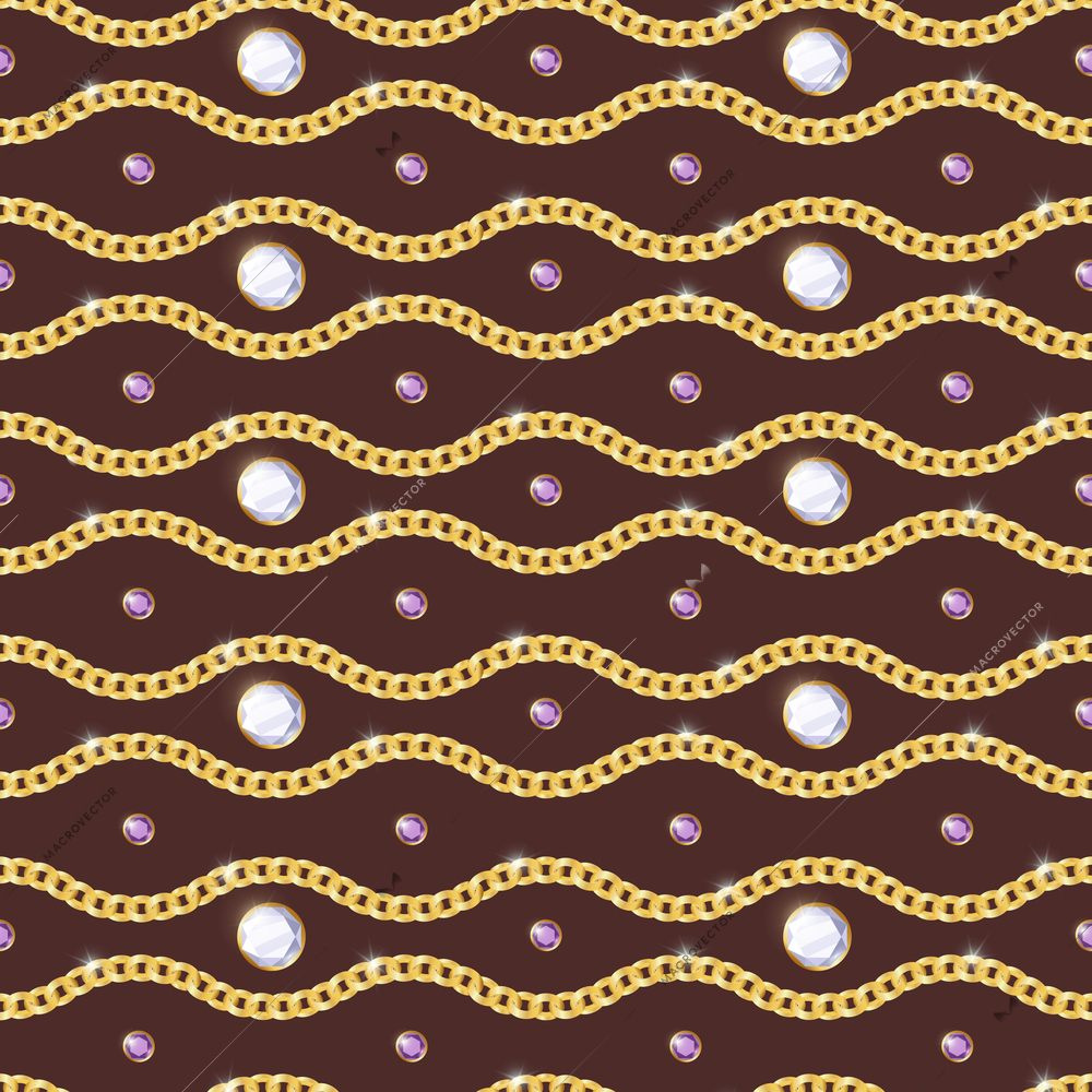 Jewelry realistic seamless pattern with gold chain on brown background vector illustration