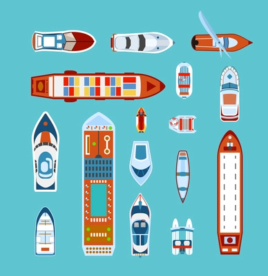 Various ships and boats types on water view from above with cruise liner abstract vector illustration