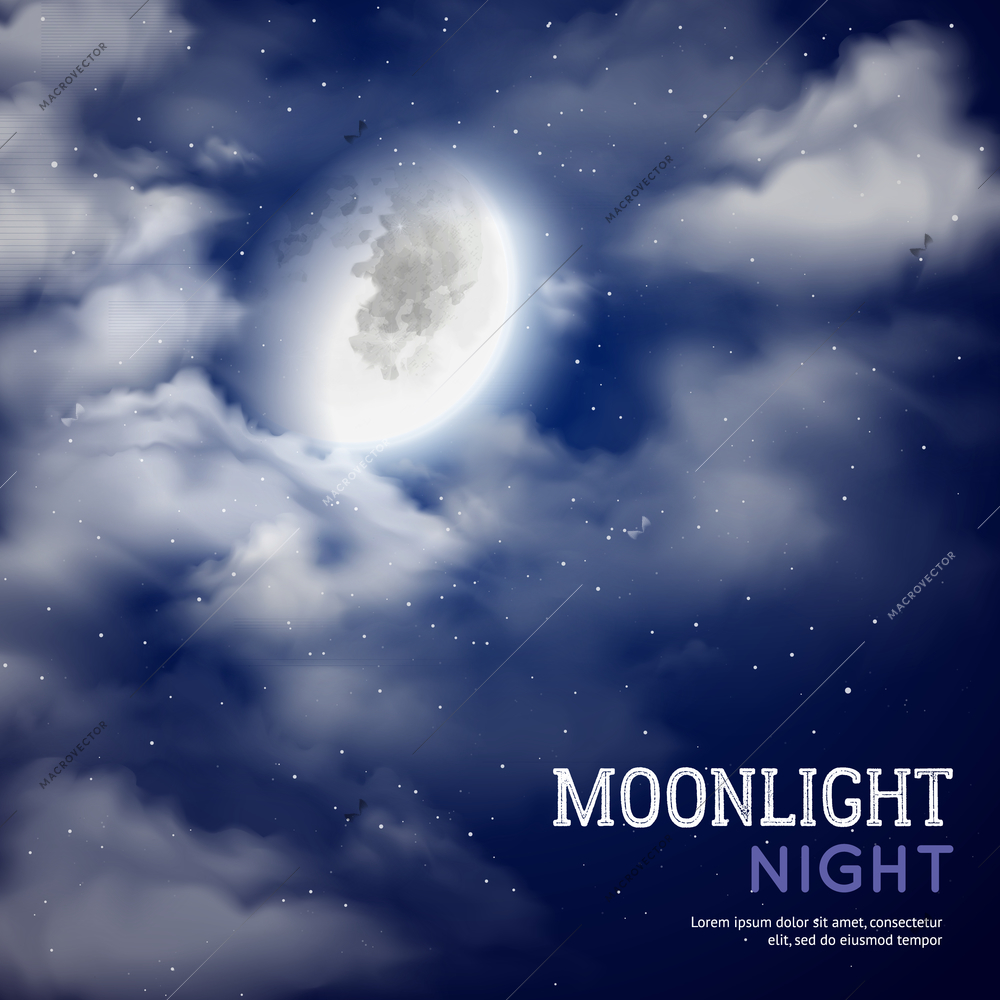 Moonlight night poster with moon and clouds on dark sky background vector illustration