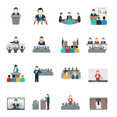 Public speaking politician businessman and teacher flat icons set isolated vector illustration