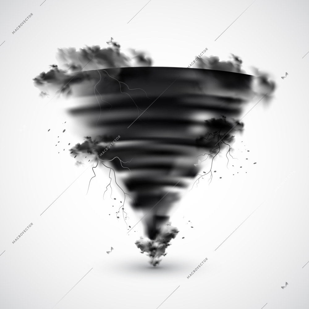 Realistic black fast speed tornado twister with lightnings vector illustration