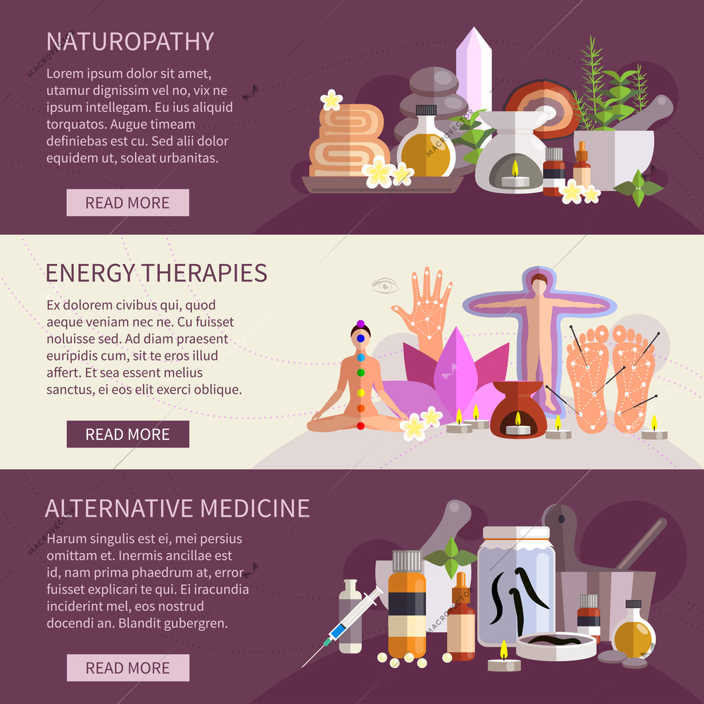 Horizontal banners showing alternative medicine flat icons set       vector illustration