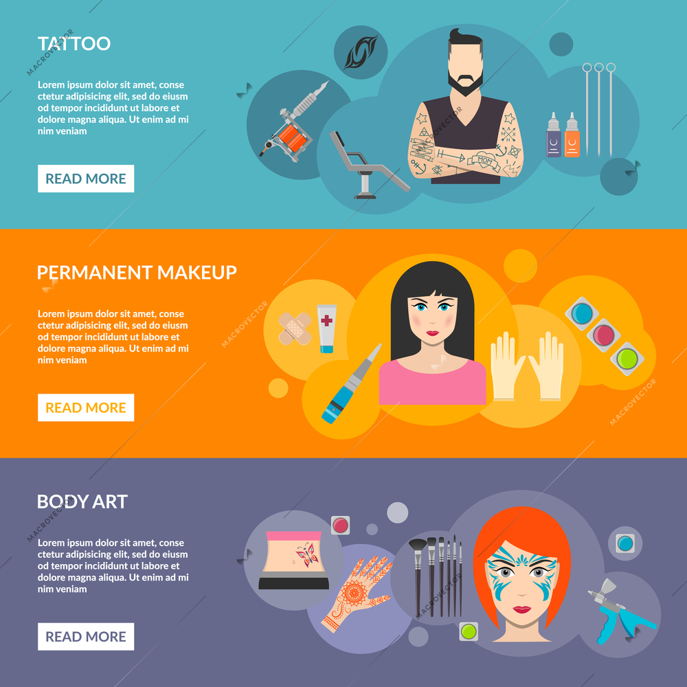 Set of body art makeup tattoo with description for man and woman vector illustration