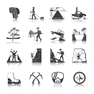 Expedition and outdoor adventures icons black set isolated vector illustration