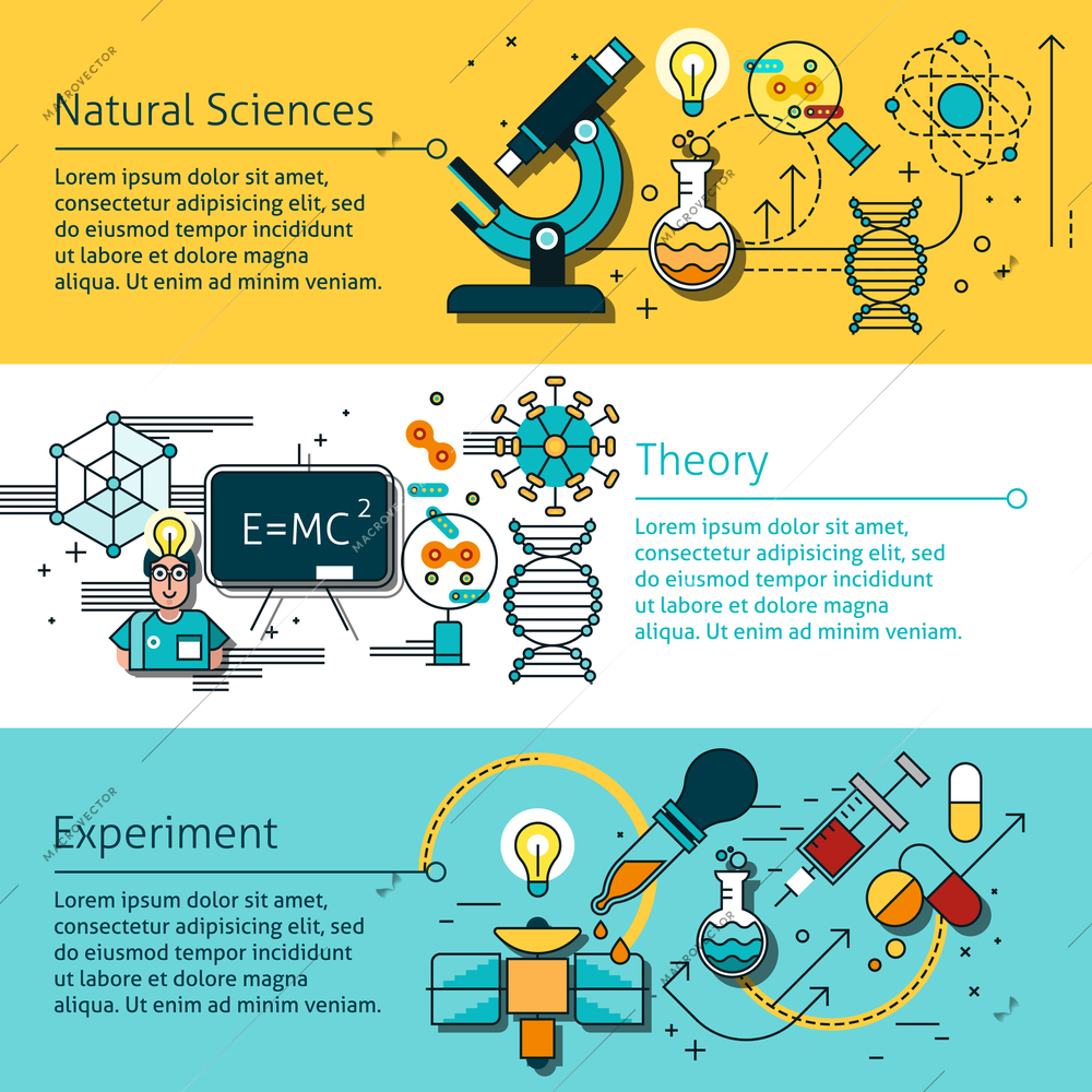 Science line horizontal banners set with natural sciences symbols flat isolated vector illustration