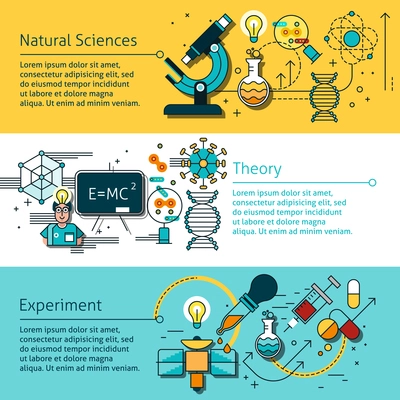 Science line horizontal banners set with natural sciences symbols flat isolated vector illustration