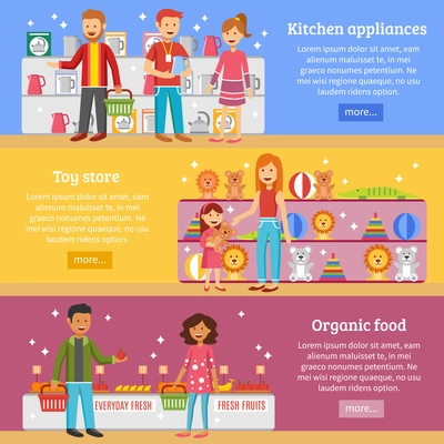 Family weekend shopping for kitchen appliances and organic food  information online 3 horizontal flat banners design vector illustration