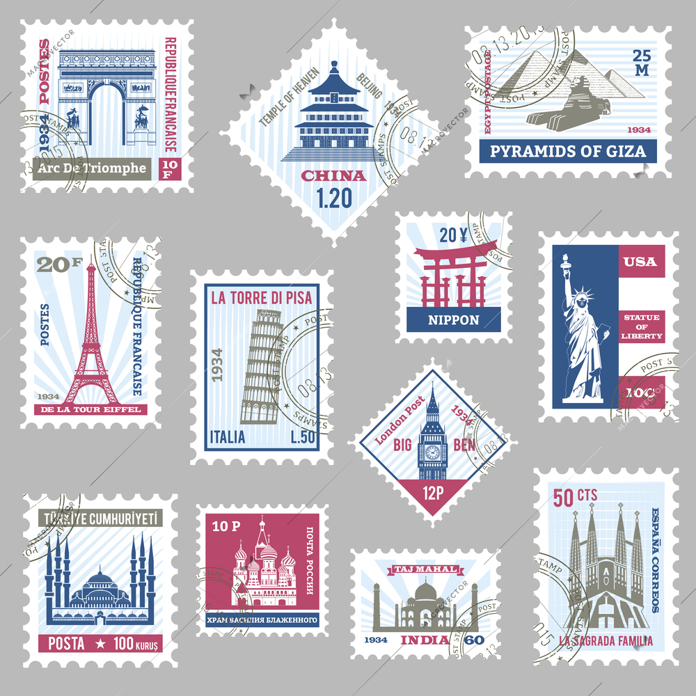 Postage stamps set with world famous landmarks isolated vector illustration