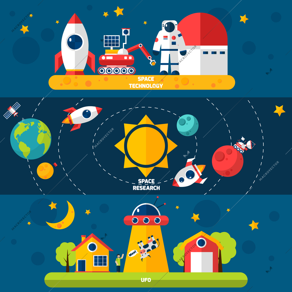 Space exploration 3 flat horizontal banners set with cosmonaut spacecraft and solar system abstract isolated vector illustration