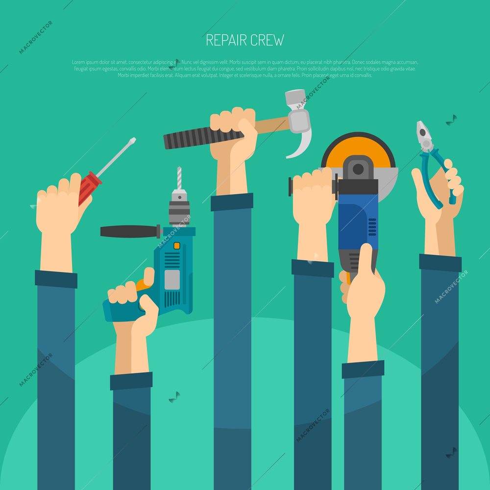 Long hands holding housework and repair tools flat vector illustration