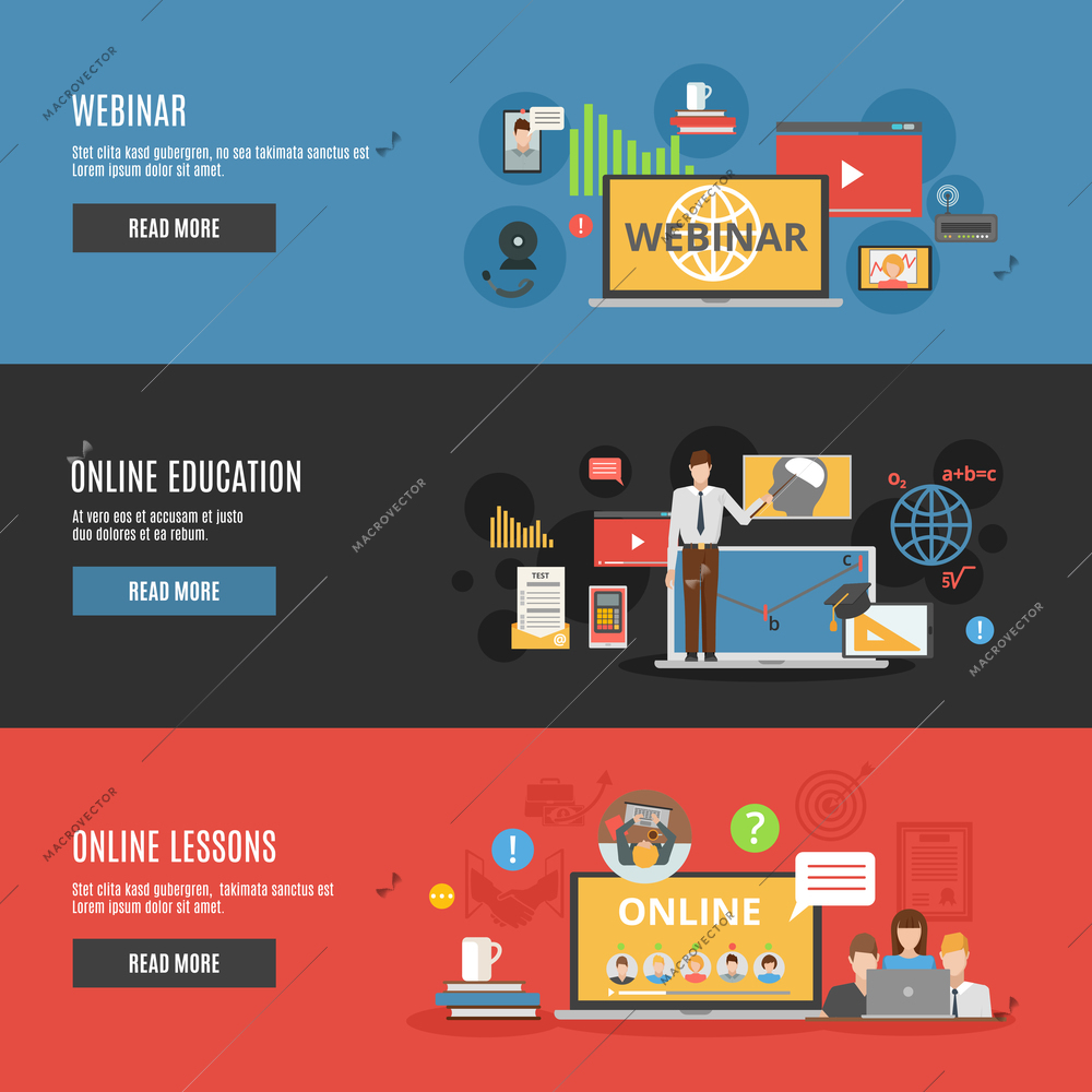 Online education flat horizontal banners with online lessons and  webinar decorative icons vector illustration