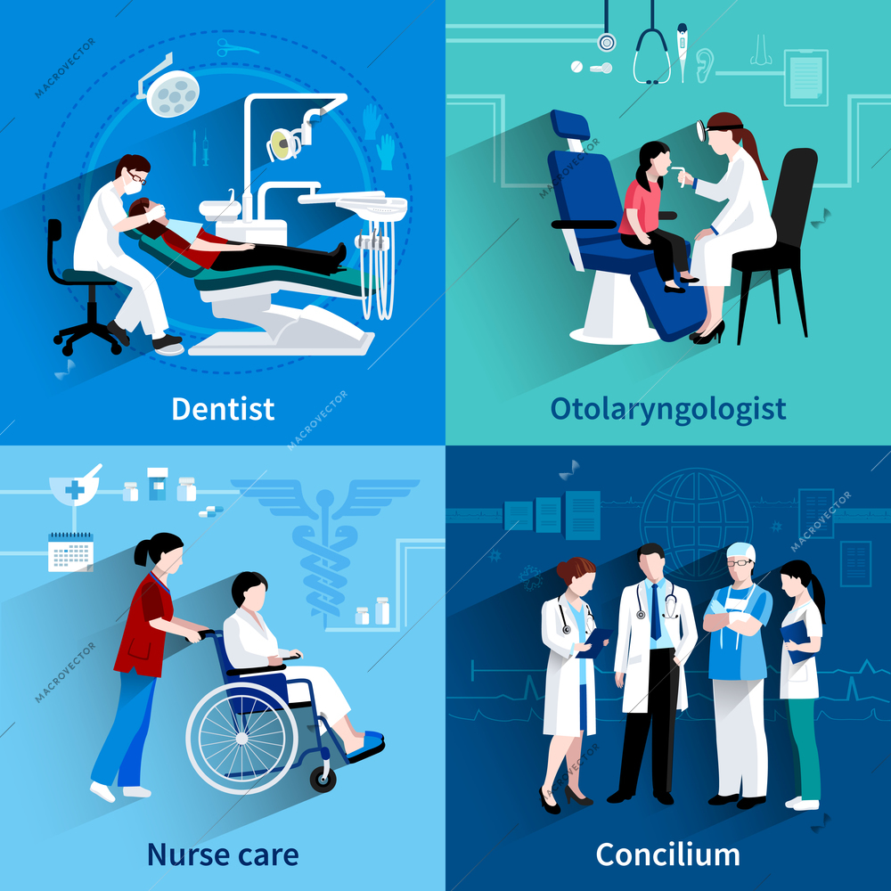 Medical specialists concilium 4 flat icons square composition with dentist and nurse care abstract isolated vector illustration