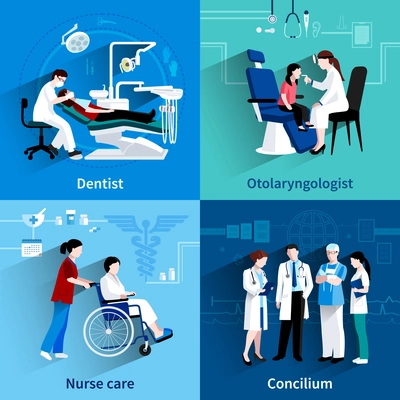 Medical specialists concilium 4 flat icons square composition with dentist and nurse care abstract isolated vector illustration