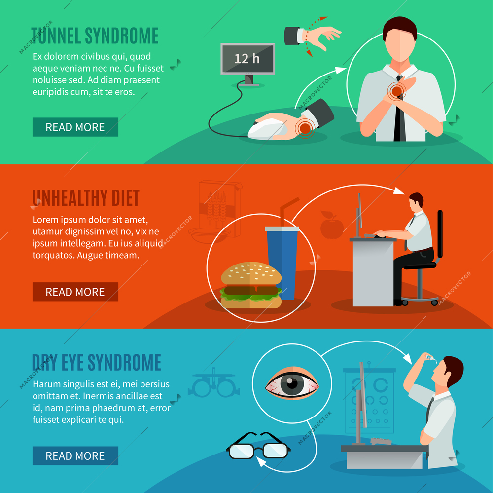 Office syndrome horizontal banners with people working on computer having wrist pain and dry eye disease and icons of unhealthy diet flat vector illustration