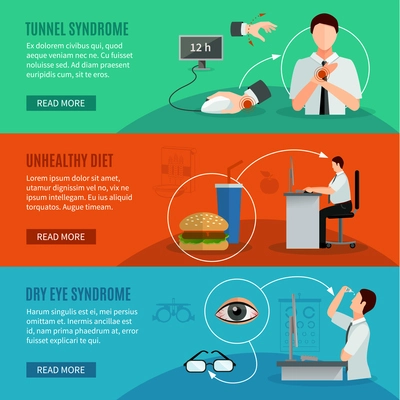 Office syndrome horizontal banners with people working on computer having wrist pain and dry eye disease and icons of unhealthy diet flat vector illustration