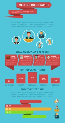 Meeting infographics set with public communication symbols and charts vector illustration