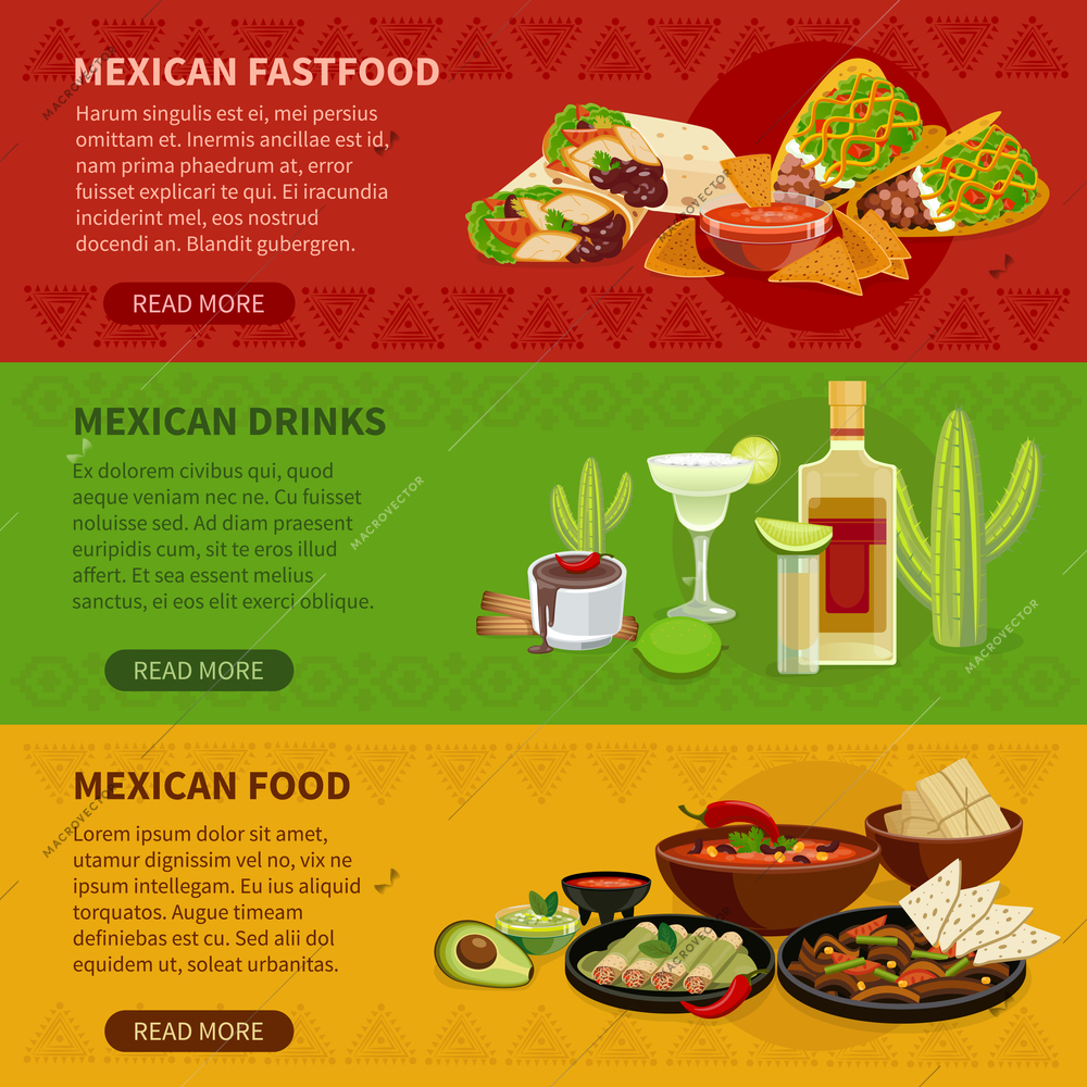 Mexican drinks snacks and famous dishes informative interactive horizontal banners set webpage flat abstract vector isolated illustration