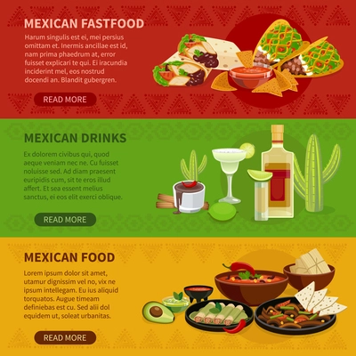 Mexican drinks snacks and famous dishes informative interactive horizontal banners set webpage flat abstract vector isolated illustration