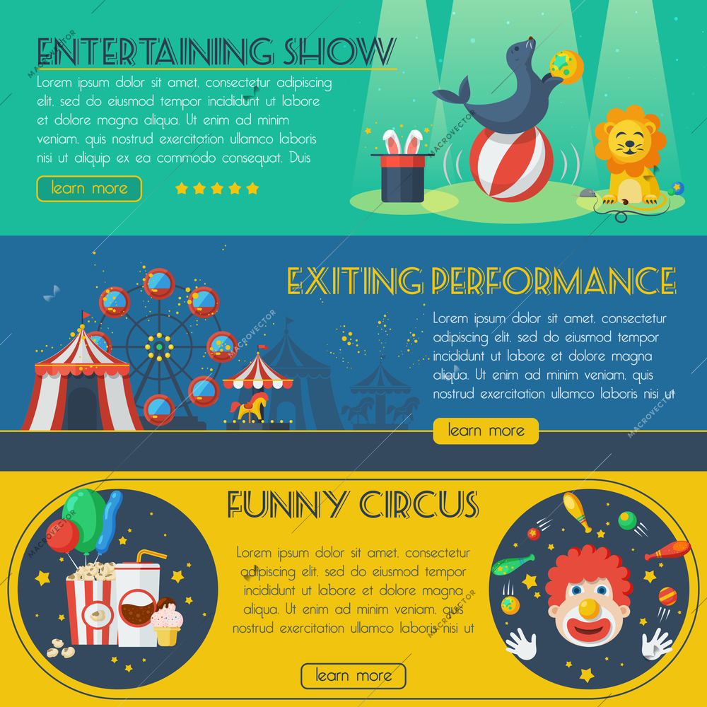 Circus horizontal banner set with exciting performance isolated vector illustration