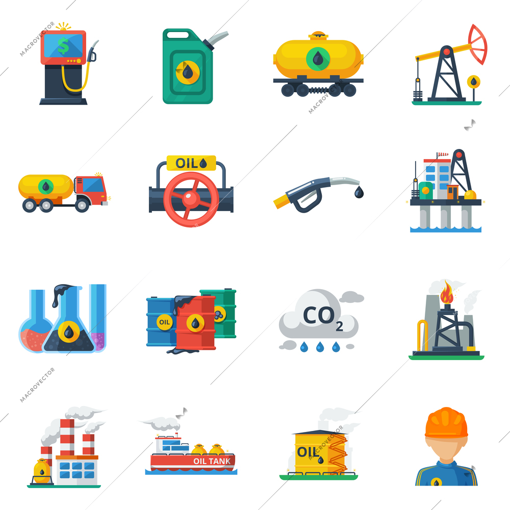 Oil industry icons set with fuel and petrolemum processing and transportation symbols isolated vector illustration