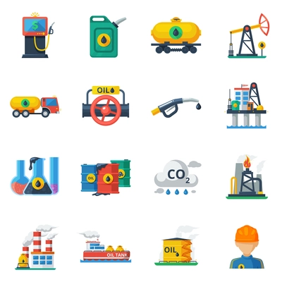 Oil industry icons set with fuel and petrolemum processing and transportation symbols isolated vector illustration