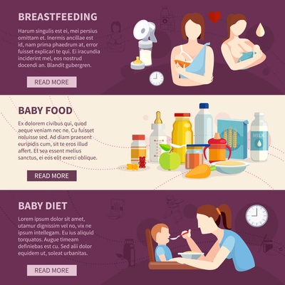 Information on babies breastfeeding and toddlers best food choices flat horizontal banners set abstract isolated vector illustration