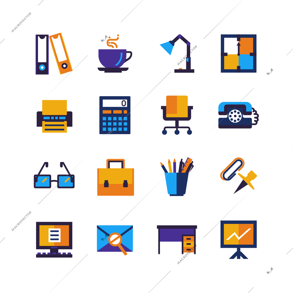 Color office icons set in retro style with desk calculator briefcase bulb and stationery isolated vector illustration