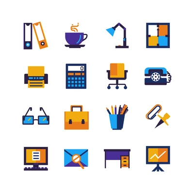 Color office icons set in retro style with desk calculator briefcase bulb and stationery isolated vector illustration