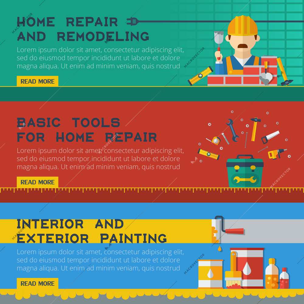 Home repair and remodeling service homepage design 3 flat horizontal interactive banners set abstract vector isolated illustration
