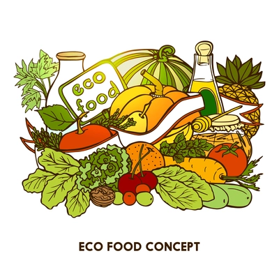 Hand drawn eco food concept with colorful vegetables fruits milk and vegetable oil  bottles vector illustration