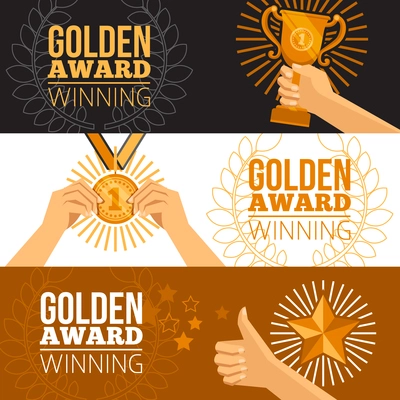 Awards horizontal banners set with cup star and medal flat isolated vector illustration